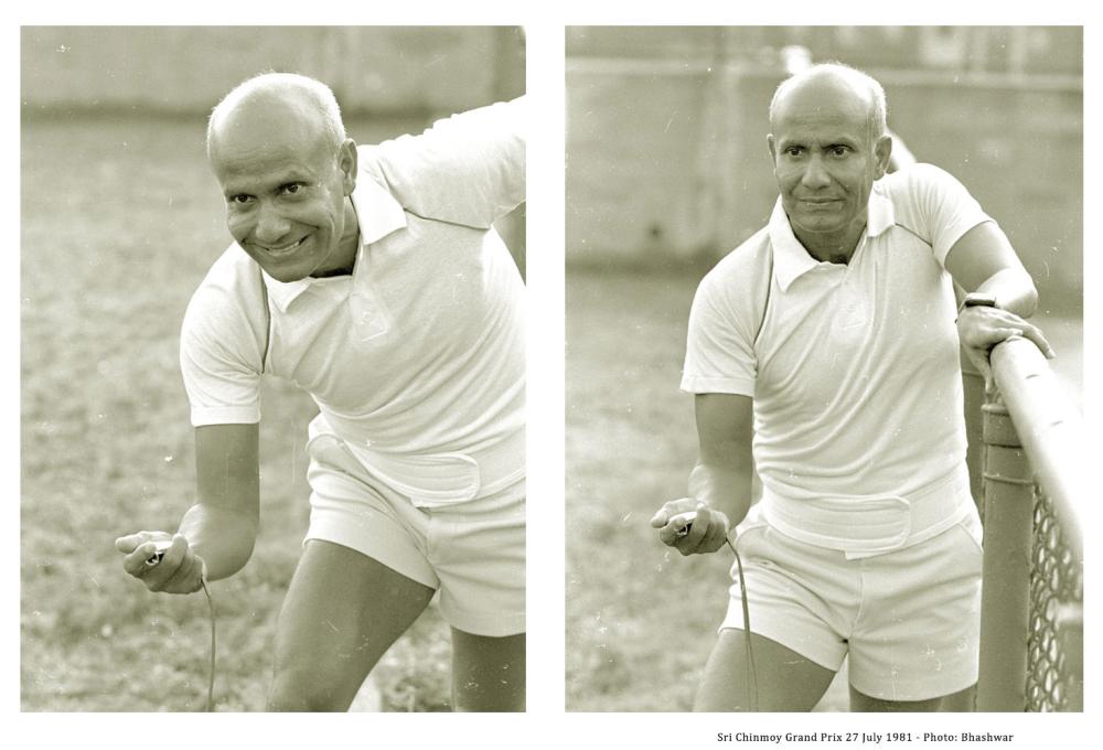 Sri Chinmoy takes part in timing during the Sri Chinmoy Grand Prix held 27 July - 27 August 1981 Sri Chinmoy timing the race